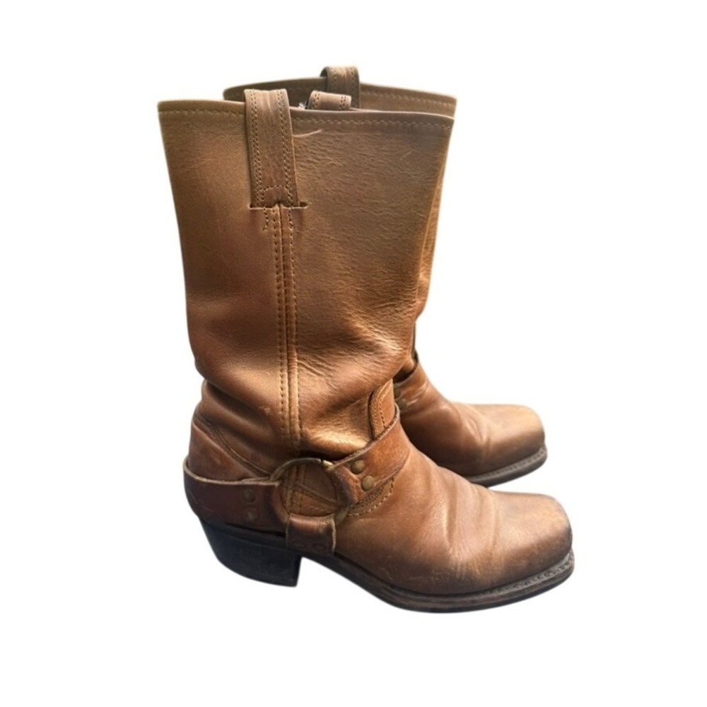 Vintage Frye Womens Tan Leather Square Toe Moto Boots Sz 7